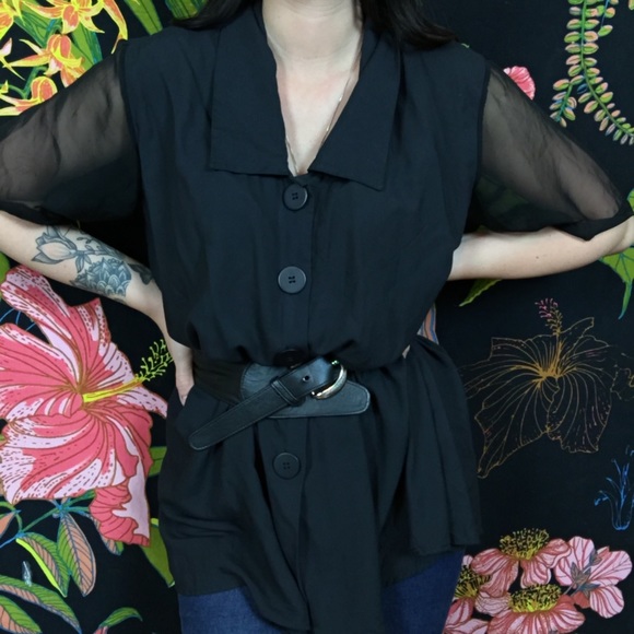 Vintage Tops - VINTAGE / Sheer Sleeve Collared Button Up Blouse